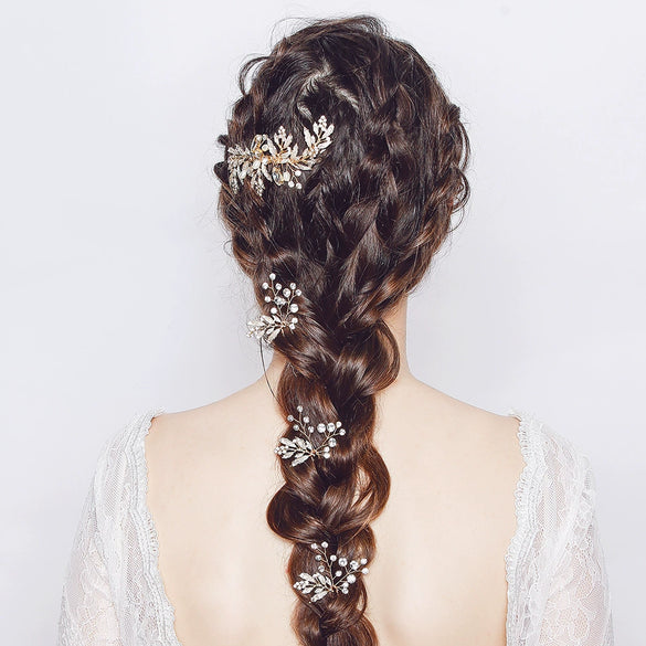 Women Bridal Hairpin Comb Set Alloy Rhinestone Handmade Flower Pearl Hair Accessories Wedding Headdress