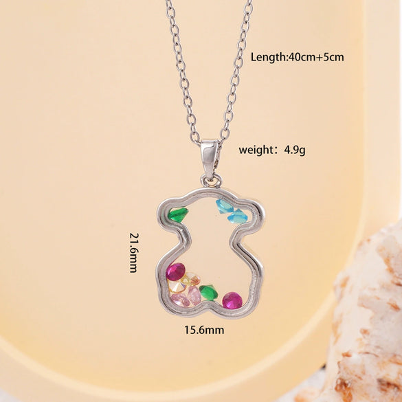 Women Copper Gold Plated Love Bear Pendant Necklace With Heart Shape Geometric Pattern And Mixed Gemstone Inlay