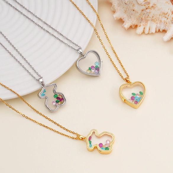 Women Copper Gold Plated Love Bear Pendant Necklace With Heart Shape Geometric Pattern And Mixed Gemstone Inlay