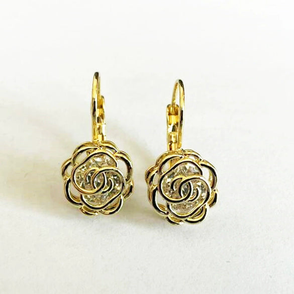 Women Earrings Alloy Gold Inlaid Camellia Hollow Style