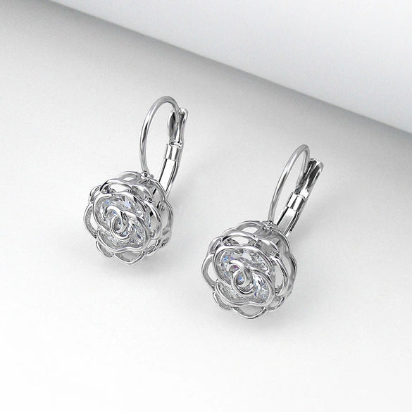 Women Earrings Alloy Gold Inlaid Camellia Hollow Style
