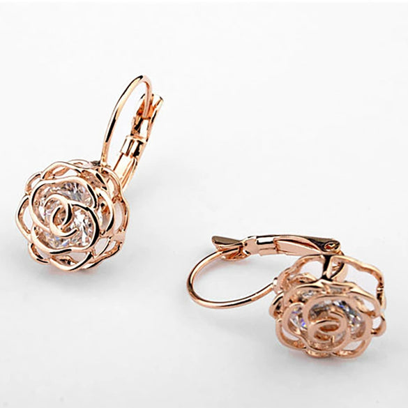 Women Earrings Alloy Gold Inlaid Camellia Hollow Style