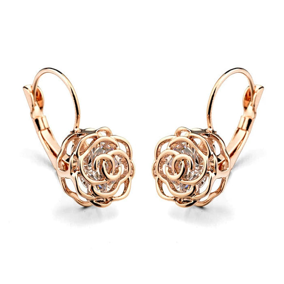 Women Earrings Alloy Gold Inlaid Camellia Hollow Style