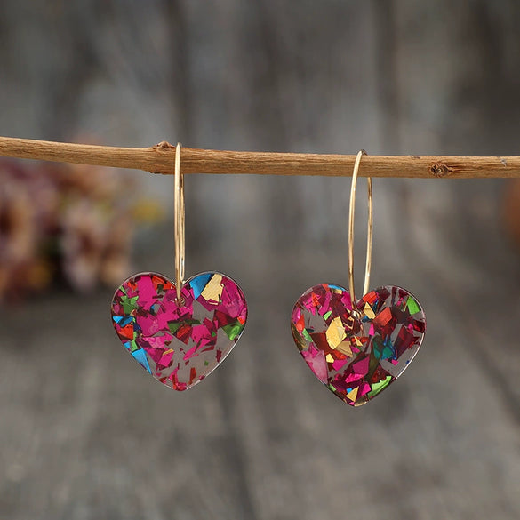 Women Earrings Plastic Resin Heartshaped Sequins Printing Valentine's Day Series