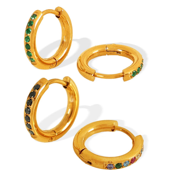 Women Fashion Geometric Round Micro Set Color Zircon 316L Stainless Steel Earrings With Electroplating