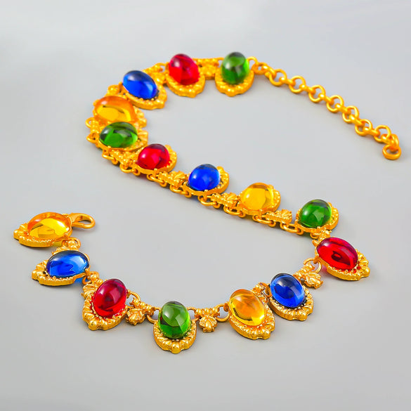 Women Fashion Retro Exaggerated Colorful Oval Alloy Resin Necklace With Geometric Style And Snake Bone Chain