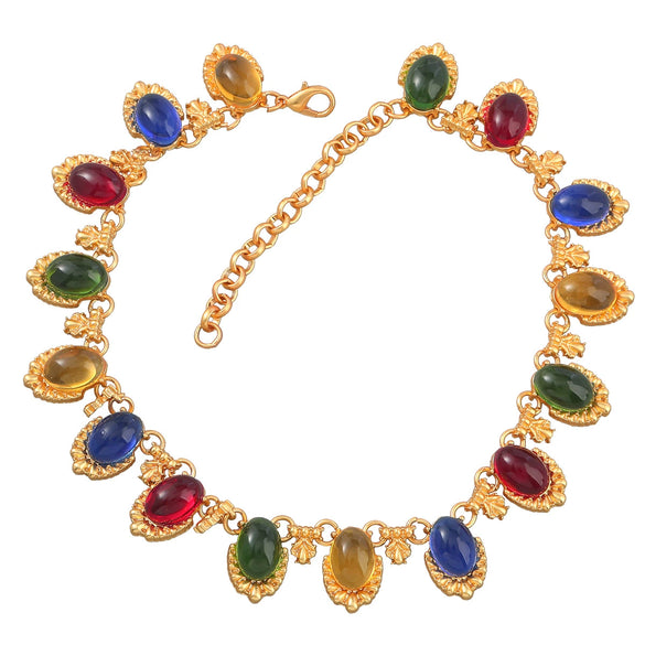 Women Fashion Retro Exaggerated Colorful Oval Alloy Resin Necklace With Geometric Style And Snake Bone Chain