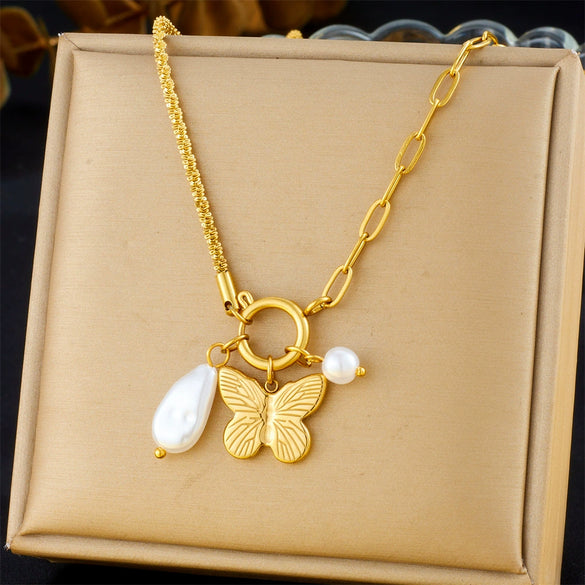 Women Fashion Simple Creative Stainless Steel Butterfly Drop Shape Pendant Necklace With Asymmetric Cross Chain And Electroplating Design