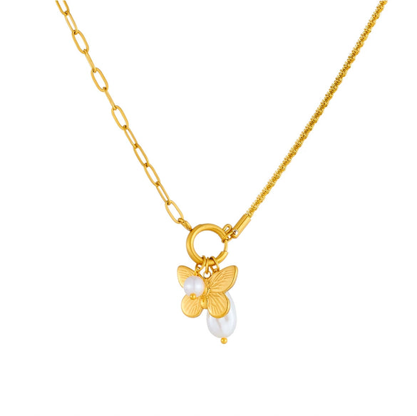 Women Fashion Simple Creative Stainless Steel Butterfly Drop Shape Pendant Necklace With Asymmetric Cross Chain And Electroplating Design