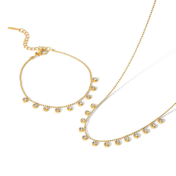 Women Fashion Stainless Steel And Titanium Steel Necklace And Bracelet With Diamond Tassel And Geometric Pattern Electroplated
