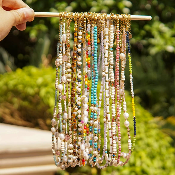 Women Handmade Natural Pearl Natural Stone Huangbei Crystal Stainless Steel Geometric Style Necklace With Electroplating