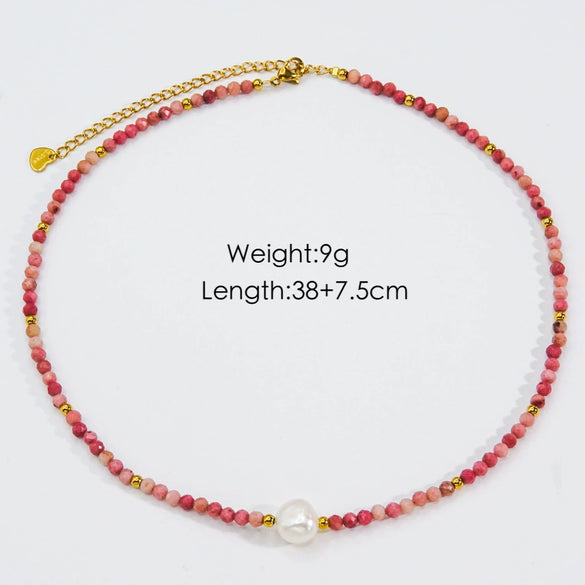 Women Handmade Natural Pearl Natural Stone Huangbei Crystal Stainless Steel Geometric Style Necklace With Electroplating
