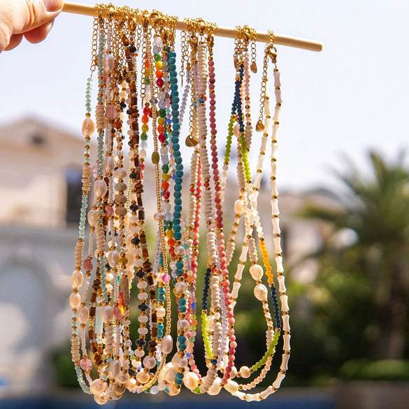 Women Handmade Natural Pearl Natural Stone Huangbei Crystal Stainless Steel Geometric Style Necklace With Electroplating