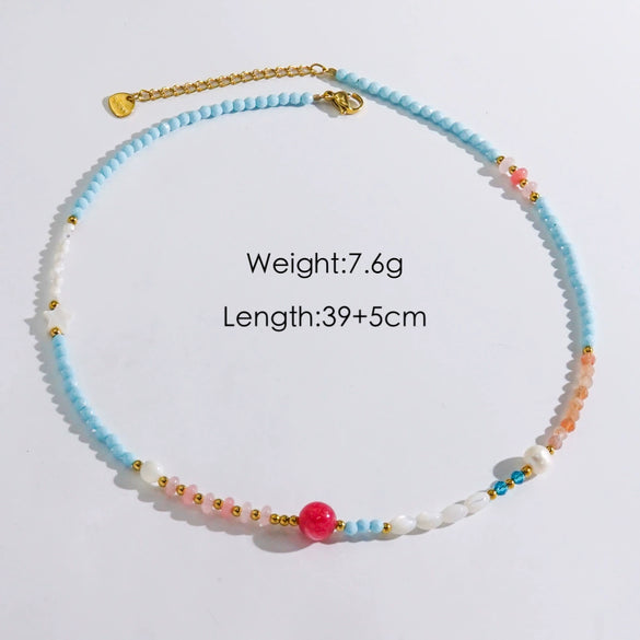 Women Handmade Natural Pearl Natural Stone Huangbei Crystal Stainless Steel Geometric Style Necklace With Electroplating