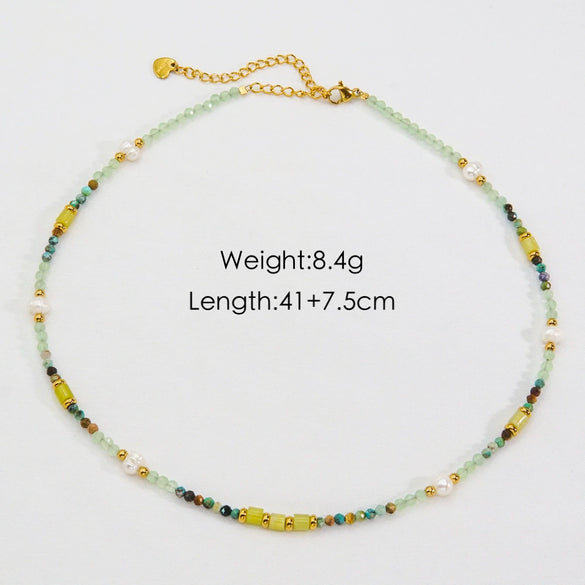 Women Handmade Natural Pearl Natural Stone Huangbei Crystal Stainless Steel Geometric Style Necklace With Electroplating