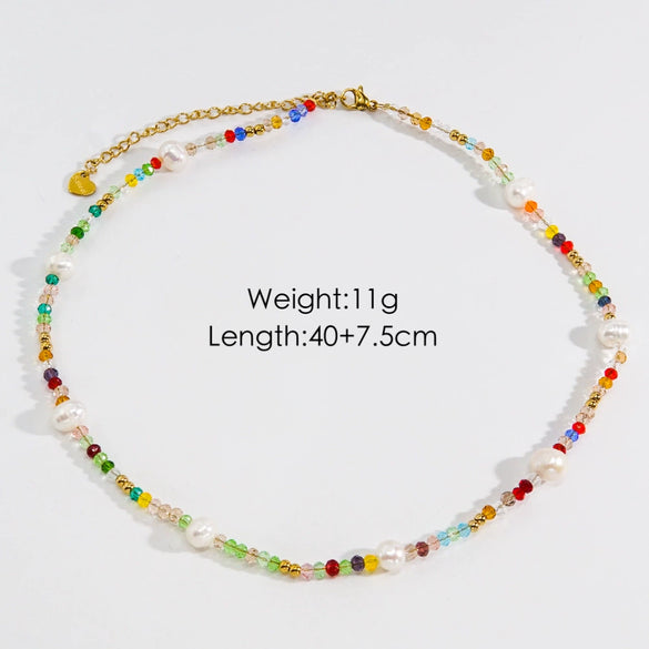 Women Handmade Natural Pearl Natural Stone Huangbei Crystal Stainless Steel Geometric Style Necklace With Electroplating