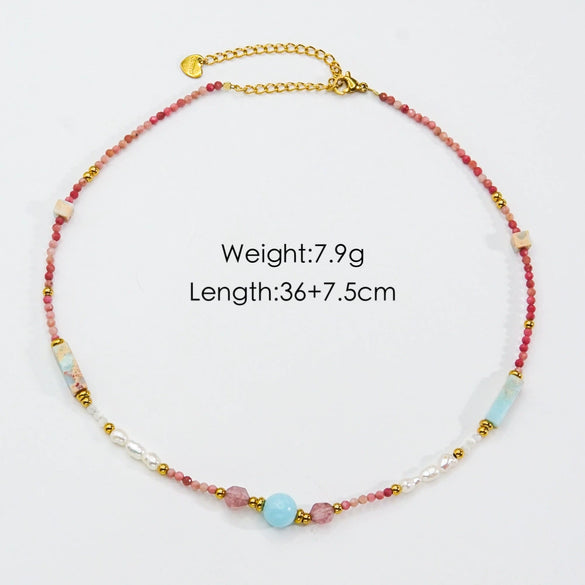 Women Handmade Natural Pearl Natural Stone Huangbei Crystal Stainless Steel Geometric Style Necklace With Electroplating