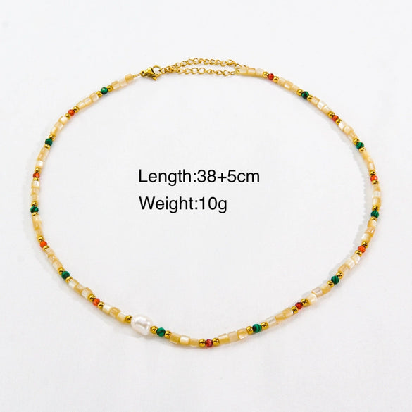 Women Handmade Natural Pearl Natural Stone Huangbei Crystal Stainless Steel Geometric Style Necklace With Electroplating