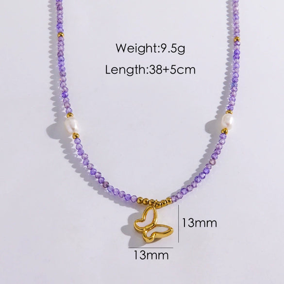 Women Handmade Natural Pearl Natural Stone Huangbei Crystal Stainless Steel Geometric Style Necklace With Electroplating