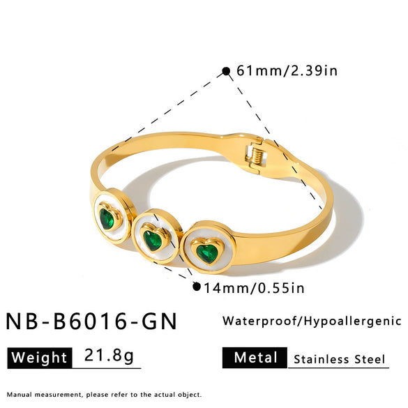 Women Heart Shaped Geometric Stainless Steel Bracelet With 18K Vacuum Plating White Shell Rhinestone And Natural Stone Inlay
