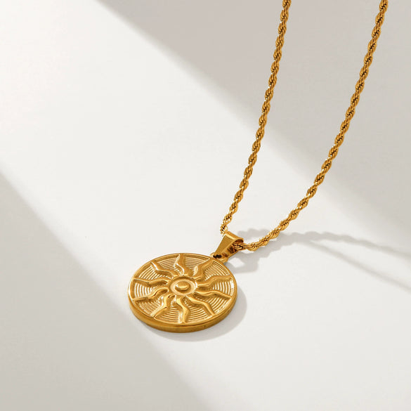 Women Hip Hop Punk Stainless Steel And Titanium Steel Necklace With Sun Totem Pendant And Geometric Styling And Electroplating Treatment