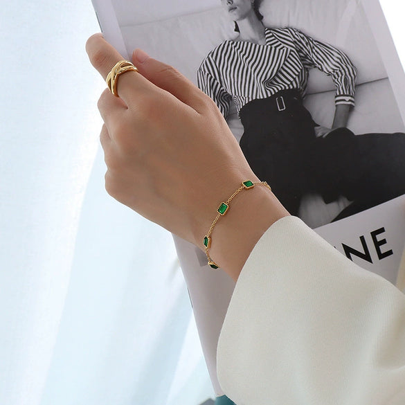 Women Jewelry Niche Style 316L Stainless Steel Inlaid Emerald Zircon Geometric Square Plated 18K Gold