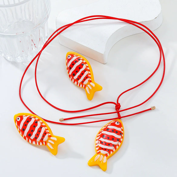 Women Jewelry Tropical Fish Clown Fish Pendant Necklace Earrings Set Plastic Resin Alloy Handmade Snake Bone Chain Animals Zodiac Style