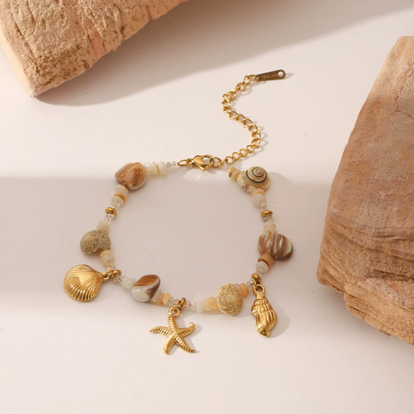 Women Marine Wind Stainless Steel Bracelet With Starfish Conch Shell Combination Vacuum Plating Manual