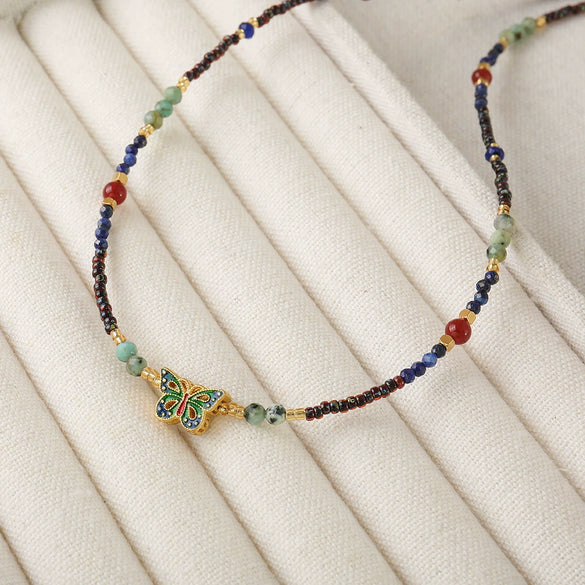 Women Natural Stone Pendant Necklace With Czech Beads Lapis Lazuli African Pine Red Agate Geometric Handmade
