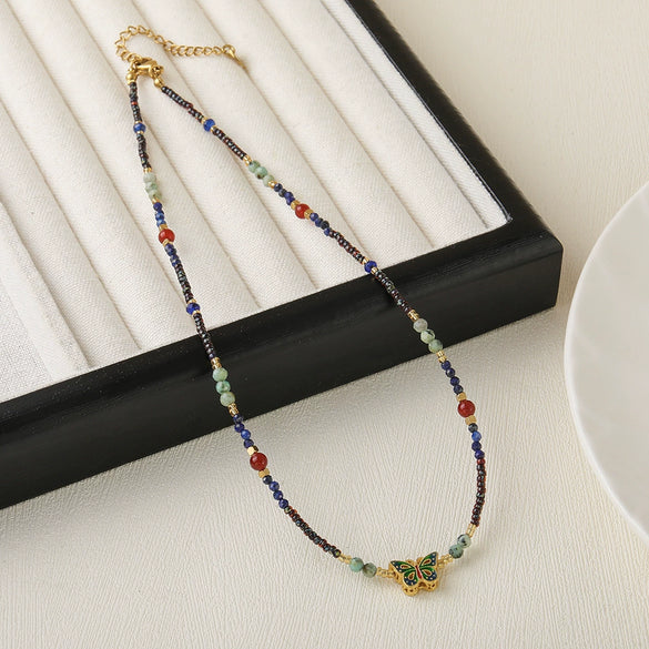 Women Natural Stone Pendant Necklace With Czech Beads Lapis Lazuli African Pine Red Agate Geometric Handmade