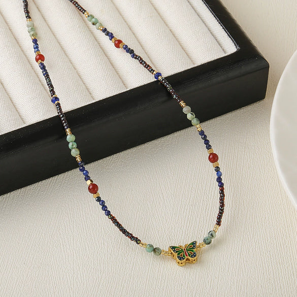 Women Natural Stone Pendant Necklace With Czech Beads Lapis Lazuli African Pine Red Agate Geometric Handmade