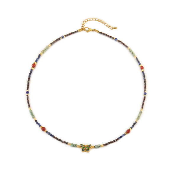 Women Natural Stone Pendant Necklace With Czech Beads Lapis Lazuli African Pine Red Agate Geometric Handmade