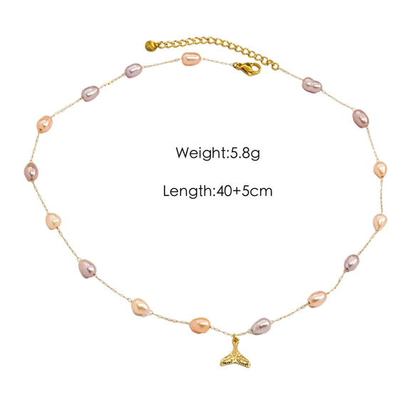 Women Necklace Stainless Steel Titanium Steel Natural Pearl Beaded Handmade Geometric Heart Shape Pendant