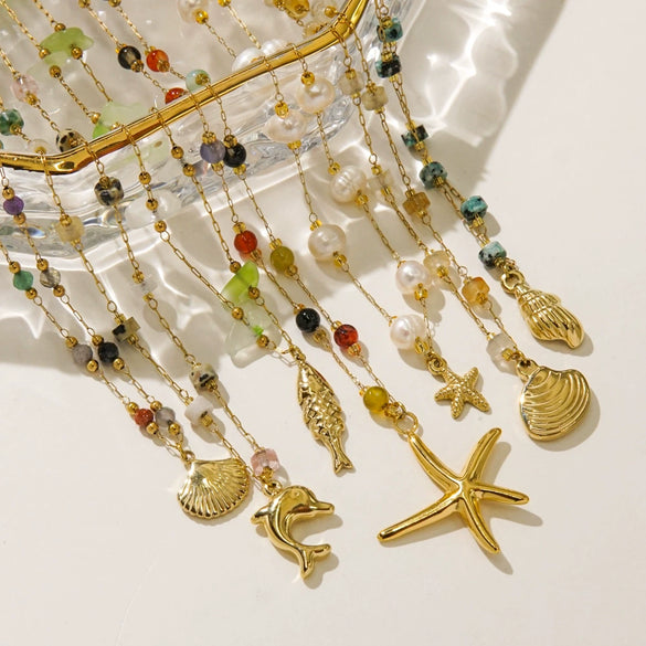 Women Necklace Stainless Steel Titanium Steel Natural Pearl Beaded Handmade Geometric Heart Shape Pendant