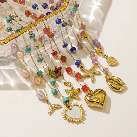 Women Necklace Stainless Steel Titanium Steel Natural Pearl Beaded Handmade Geometric Heart Shape Pendant