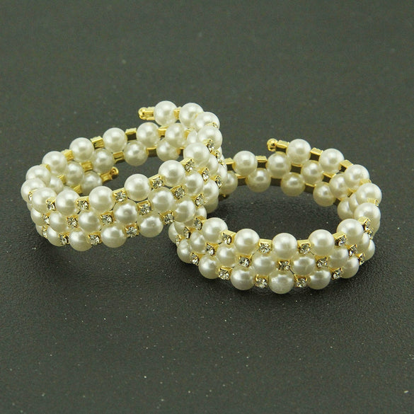 Women Pearl Handmade Geometric Threelayer Spiral Wide Bracelet