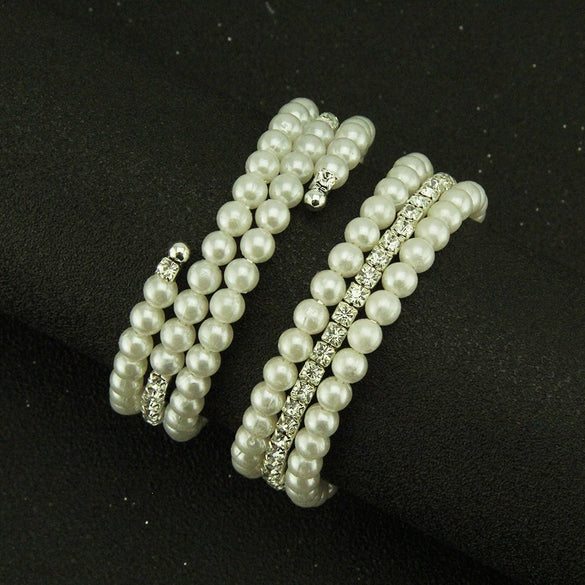 Women Pearl Handmade Geometric Threelayer Spiral Wide Bracelet