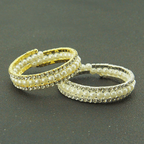 Women Pearl Handmade Geometric Threelayer Spiral Wide Bracelet