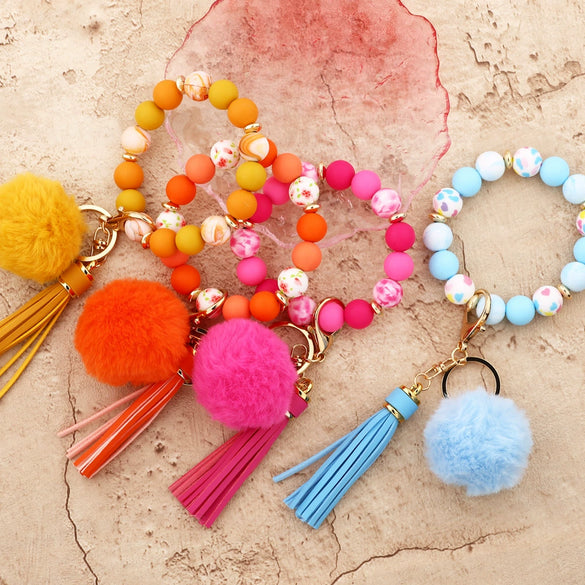 Women Pendant Fur Ball Leather Tassel Keychain Plush Accessories