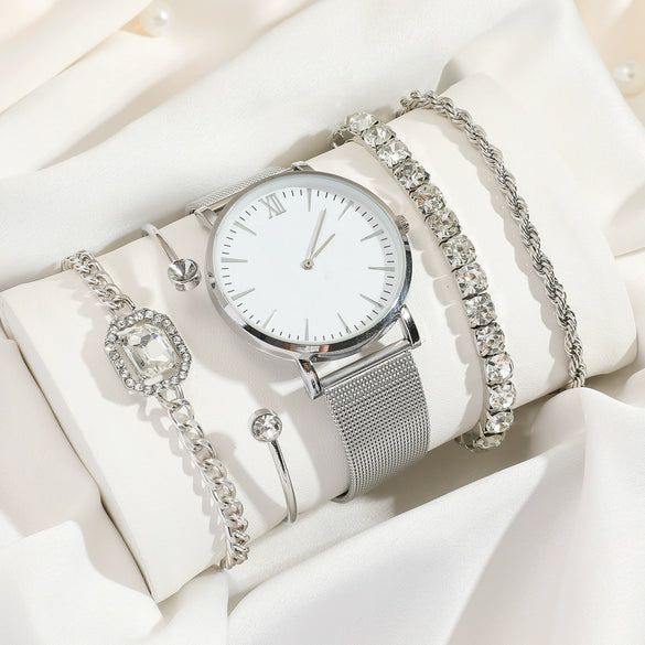 Women Quartz Watch Alloy Mesh Band Round Dial Stainless Steel Clasp Fashion Style