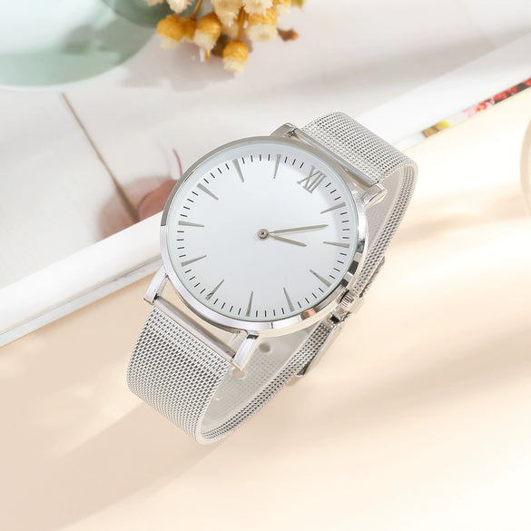 Women Quartz Watch Alloy Mesh Band Round Dial Stainless Steel Clasp Fashion Style