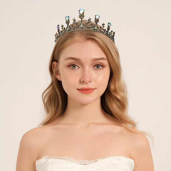 Women Retro Baroque Alloy Rhinestone Crown Hairband Electroplated Hair Jewelry For Wedding And Stage