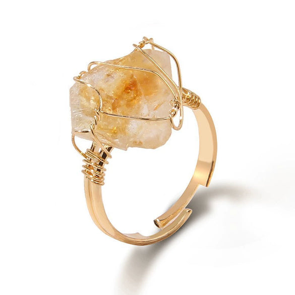 Women Retro Handmade Natural Citrine Geometric Ring With Irregular Rough Crystal Stone