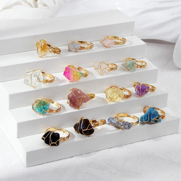 Women Retro Handmade Natural Citrine Geometric Ring With Irregular Rough Crystal Stone
