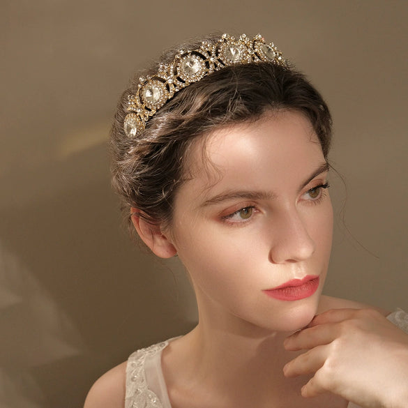 Women Retro Luxury Pearl Crown Headband With Diamond Design Hollow Bridal Wedding Headwear
