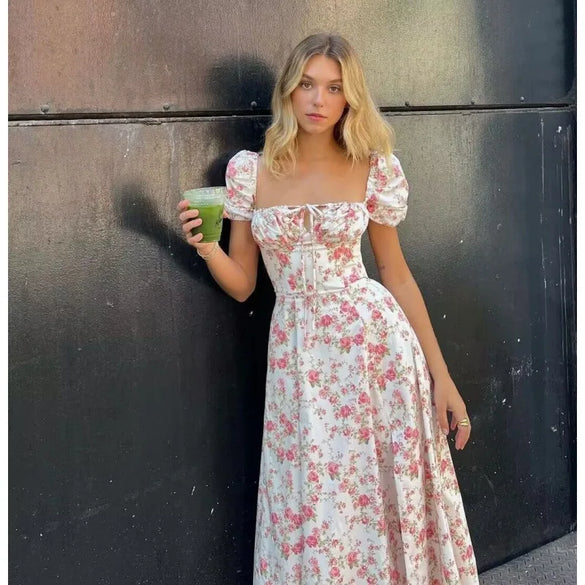 Wholesale Women'S Casual Elegant Streetwear Flower Holiday Banquet Selfie Square Neck Short Sleeve A- Line Skirt