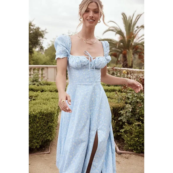 Wholesale Women'S Casual Elegant Streetwear Flower Holiday Banquet Selfie Square Neck Short Sleeve A- Line Skirt