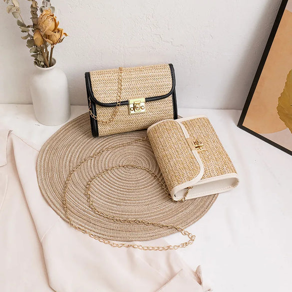Women'S Straw Solid Color Vacation Square Flip Cover Square Bag