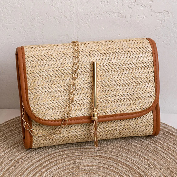 Women'S Straw Solid Color Vacation Square Flip Cover Square Bag