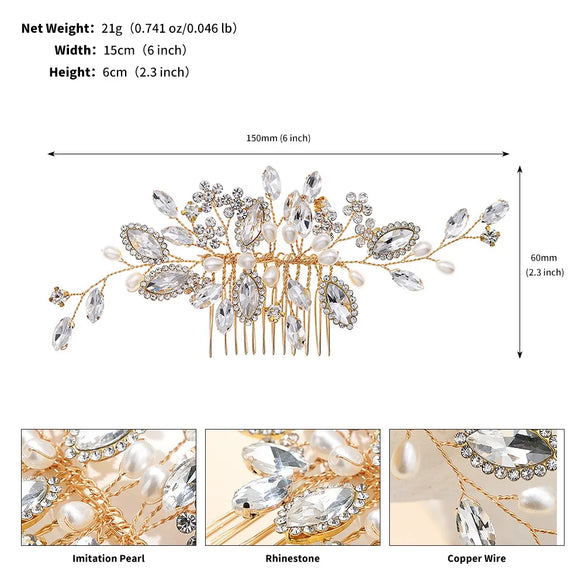 Women'S Bridal Shiny Leaf Flower Copper Plating Inlay Artificial Pearls Rhinestones Insert Comb